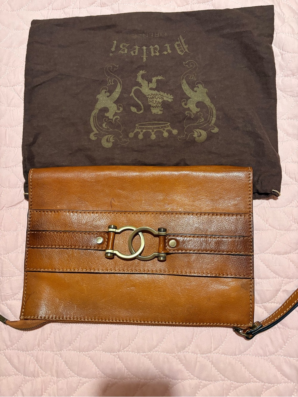 Brahmin Cognac Brown Leather Crossbody Clutch with Brass Accent